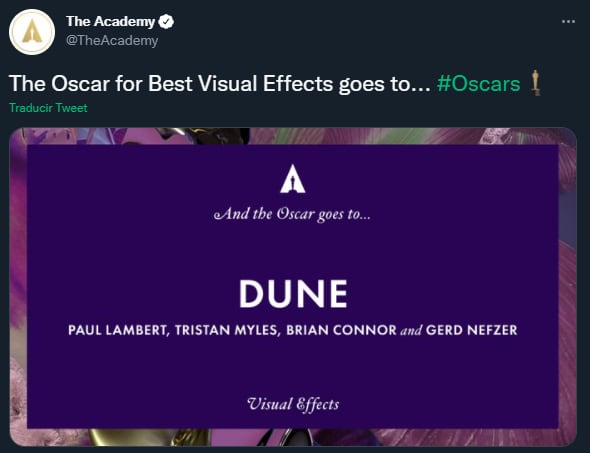 Dune gewann den Oscar für die besten visuellen Effekte Foto: Twitter/ @TheAcademy