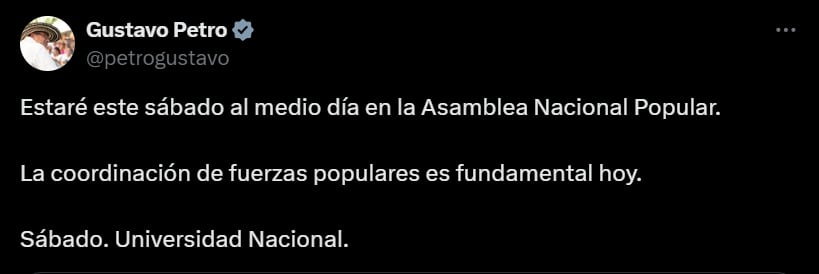Gustavo Petro estará en asamblea del Pacto Histórico - crédito X