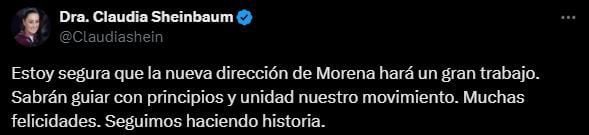 La Presidenta electa se pronunció en redes sociales en torno a la conformación del nuevo CEN de Morena (X/@Claudiashein)