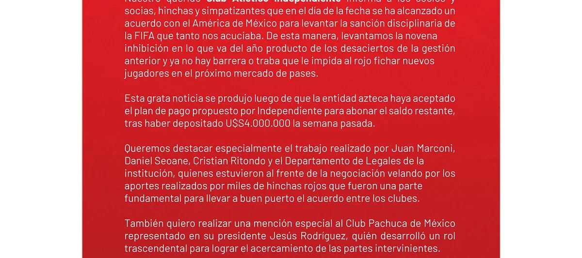 Independiente empieza a pagar su deuda