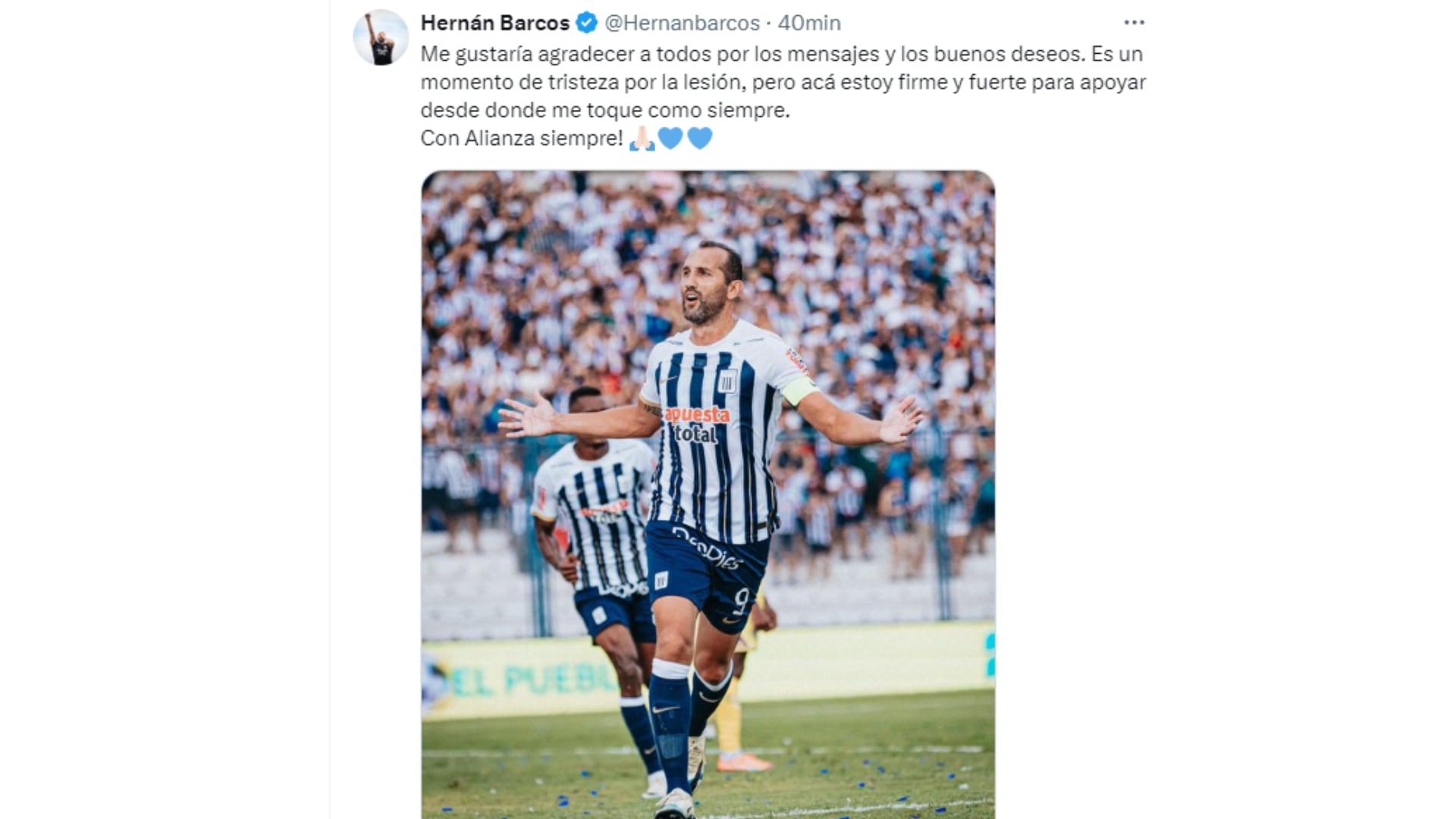 Mensaje de Hernán Barcos tras su lesión.