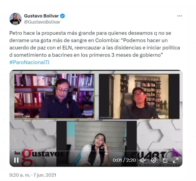 Gustavo Bolívar apoyaba la idea de un proceso de paz entre el Gobierno y el ELN en 2021 - crédito @GustavoBolivar/X