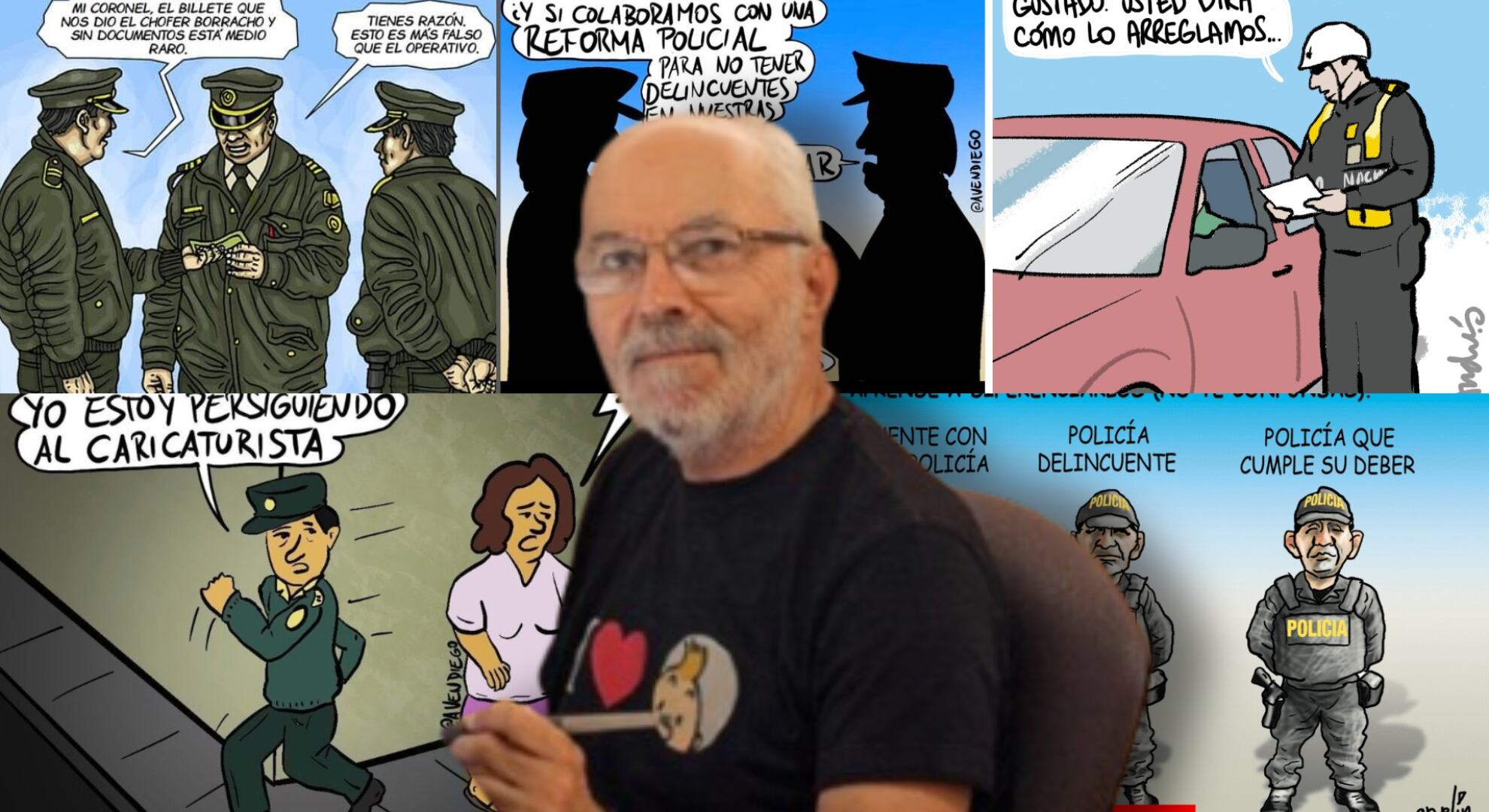 Carlos Tovar recibió amedrentamiento por parte de la PNP. Caricaturistas lo respaldan. Composición Infobae.