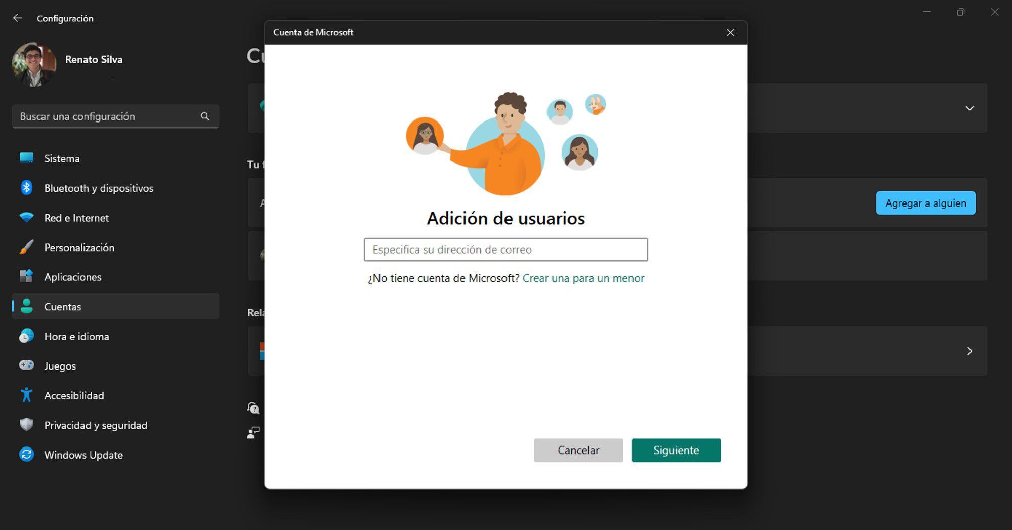 Para usar el control parental, el sistema de Windows debe diferenciar las cuentas de los niños de aquellas que pertenecen a los adultos. (Captura/Infobae)