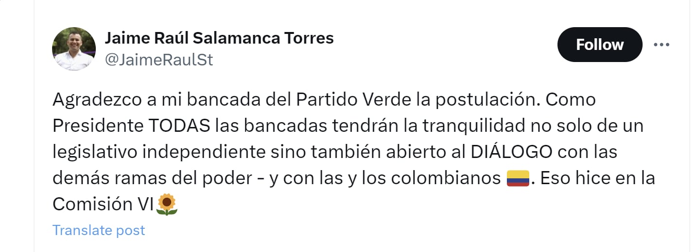 Jaime Raúl Salamanca agradeció al partido Alianza Verde por apoyarlo como candidato - crédito @JaimeRaulSt/X