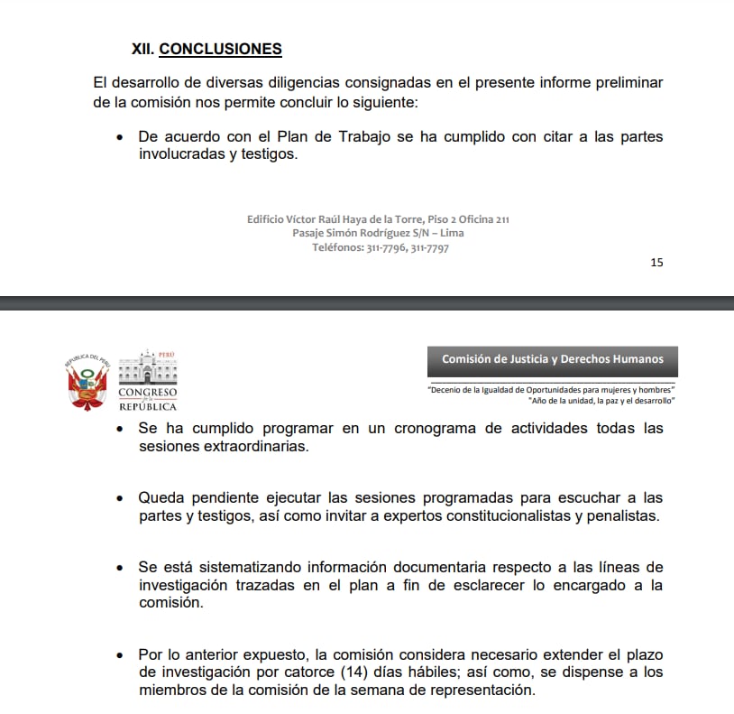 Conclusiones del informe preliminar de la Comisión de Justicia sobre la investigación sumaria contra la Junta Nacional de Justicia.