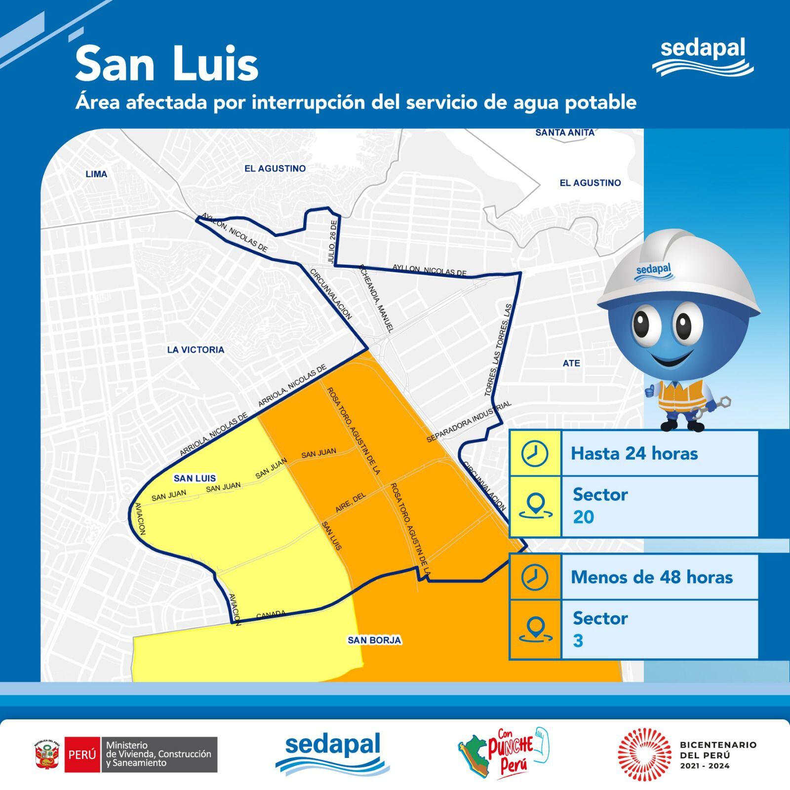 Mapa de las zonas que serán afectadas por el corte de agua en San Luis y horarios en que se suspenderá el servicio | Crédito: Sedapal.