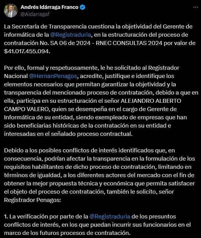 Solicitan al Registrador Nacional pruebas para garantizar la imparcialidad en el proceso de contratación - crédito @Aidarragaf/X