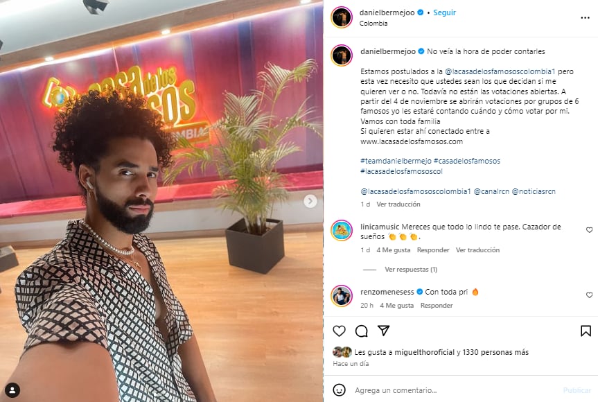 El modelo Daniel Bermejo confirmó que pueden votar por él para que ingrese a la competencia de 'La casa de los famosos Colombia' - crédito @danielbermejoo/IG