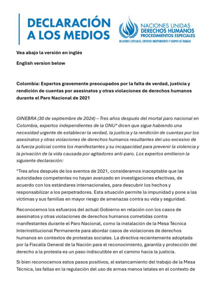 ONU critica a autoridades colombianas por hechos ocurridos en estallido social 2021 - crédito ONU