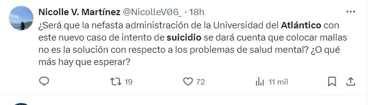 Rechazan las medidas preventivas que toma la institución para evitar nuevos casos de suicidio - crédito @NicolleV06/X