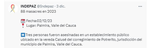 La masacre 88 se registró en Valle del Cauca y dejó tres personas muertas - crédito @Indepaz / X