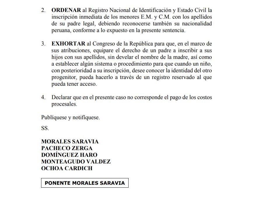 Resolución del Tribunal Constitucional ordena que hijos de Ricardo Morán sean inscritos inmediatamente como ciudadanos peruanos. (TC)