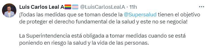 Publicación del superintendente en respuesta al alcalde Carlos Fernando Galán - crédito redes sociales