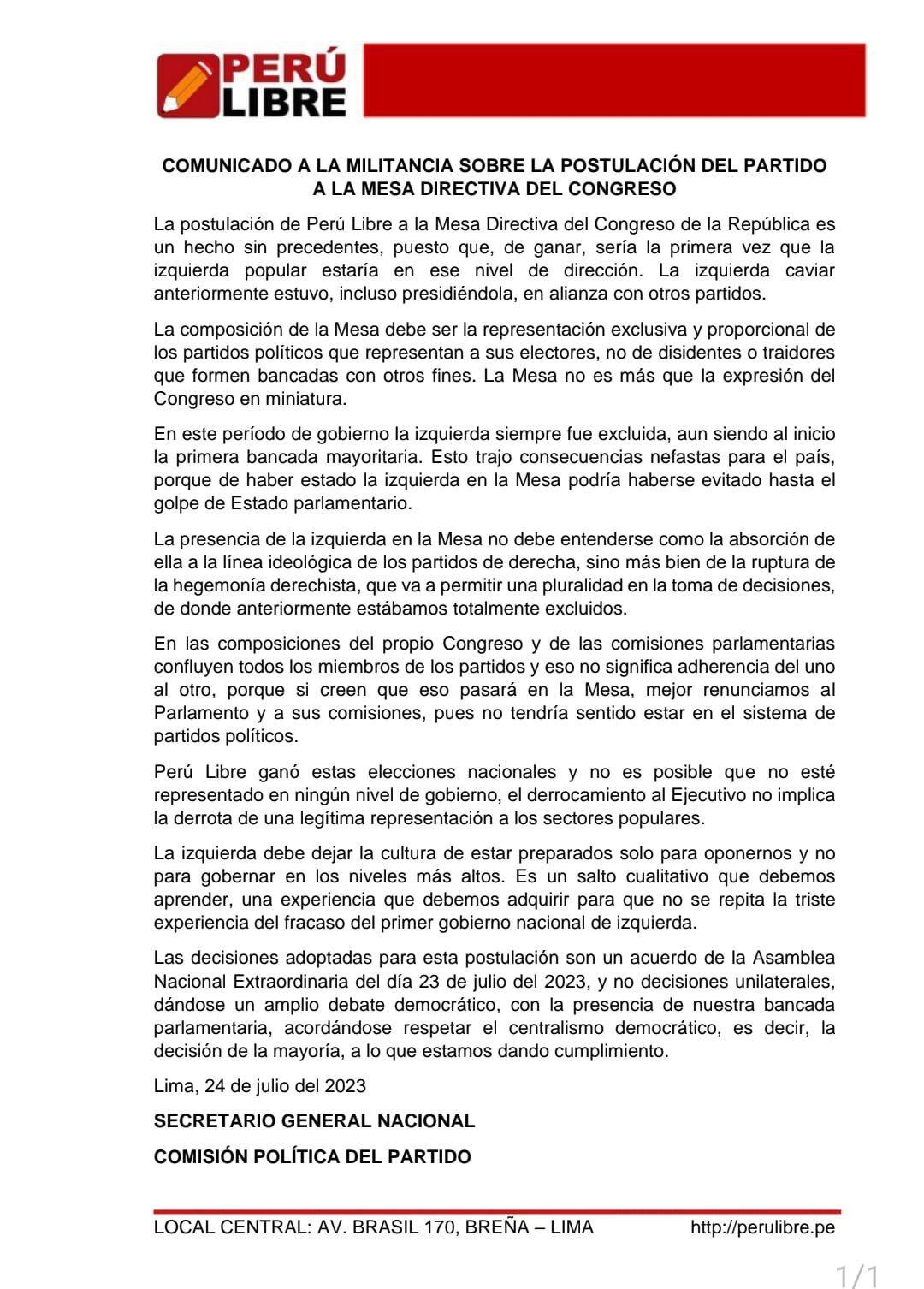 Perú Libre justifica alianza con Fuerza Popular para Mesa Directiva