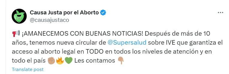 La organización Causda Justa celebró la nueva reglamentación del Gobierno sobre la interrupción voluntaria del embarazo - crédito @causajustaco/X