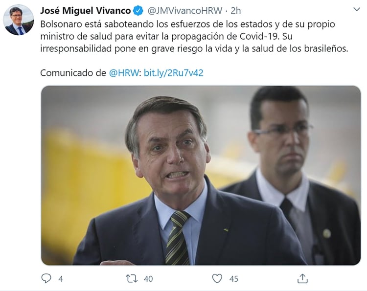 Human Rights Watch criticó la «conducta irresponsable” de Bolsonaro frente a la pandemia