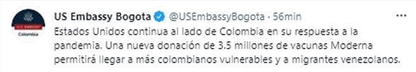 El tuit de la Embajada de EEUU en Colombia