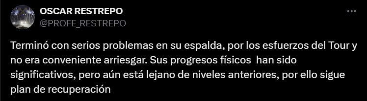 Debido a problemas en su espalda, Egan Bernal no le fue bien en el Tour de Francia y no asistió a los Juegos Olímpicos ni la Vuelta a España - crédito @PROFE_RESTREPO/X