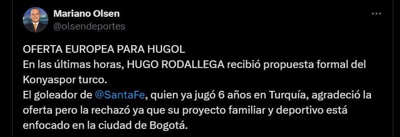 Hugo Rodallega recibió oferta de Turquía, pero la rechazó para continuar en Santa Fe - crédito @olsendeportes/X