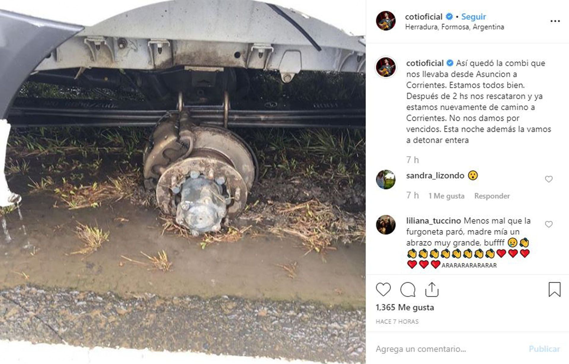 Así quedó la combi donde se trasladaban Coti y sus músicos (Foto: Instagram)