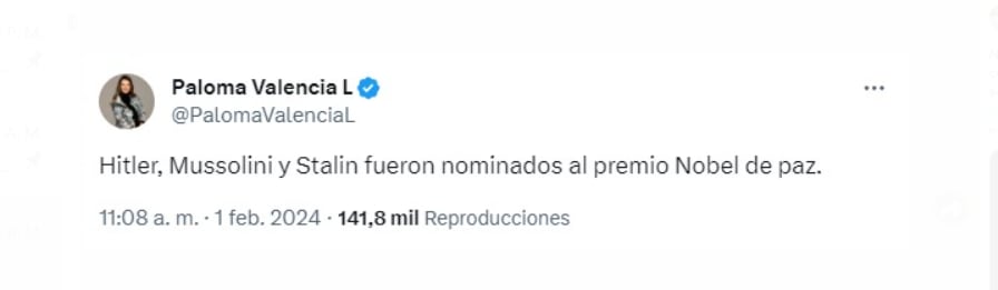 La senadora Paloma Valencia desata polémica al comparar la nominación de Gustavo Petro al Nobel de la Paz con figuras como Hitler, Mussolini y Stalin - crédito @PalomaValenciaL/X