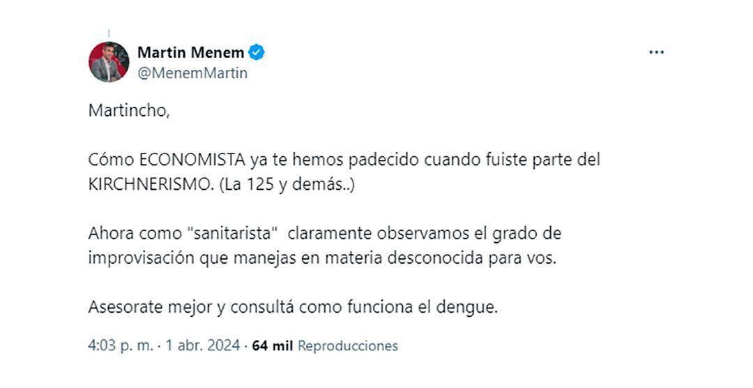 La respuesta de Martín Menem a Lousteau