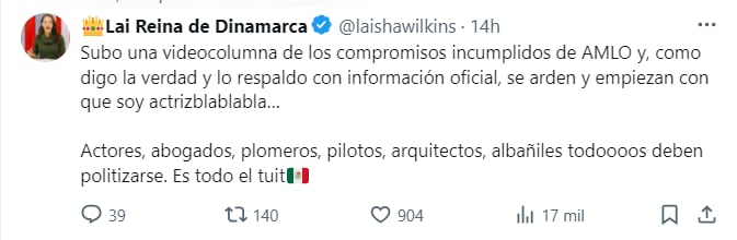 Laisha Wilkins denunció los ataques en la red social X. (@laishawilkins)