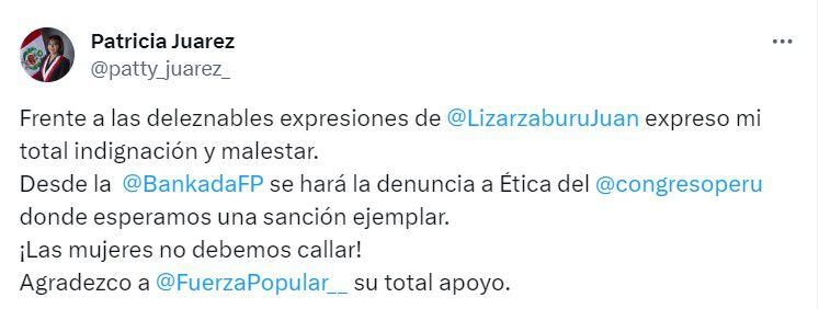 Pronunciamiento de la fujimorista en contra de su colega de bancada. | Patricia Juárez