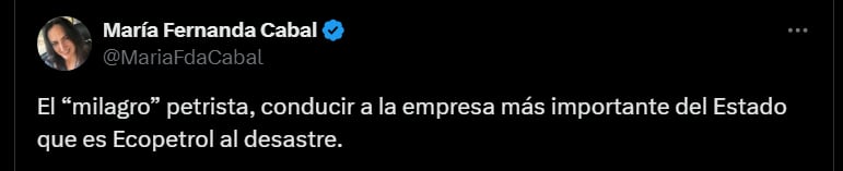 María Fernanda Cabal sobre la situación con Ecopetrol - crédito @MariaFdaCabal/X