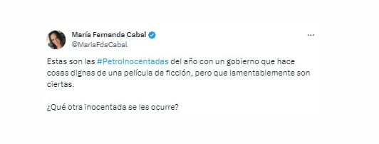 La senadora María Fernanda Cabal usa redes sociales para exponer lo que considera "Petro inocentadas" - crédito @MariaFdaCabal/X