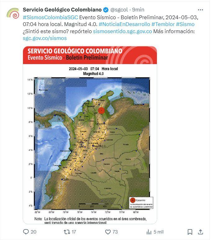 Varios ciudadanos en redes sociales reportaron el movimiento telúrico en Cúcuta - crédito @sgcol/X