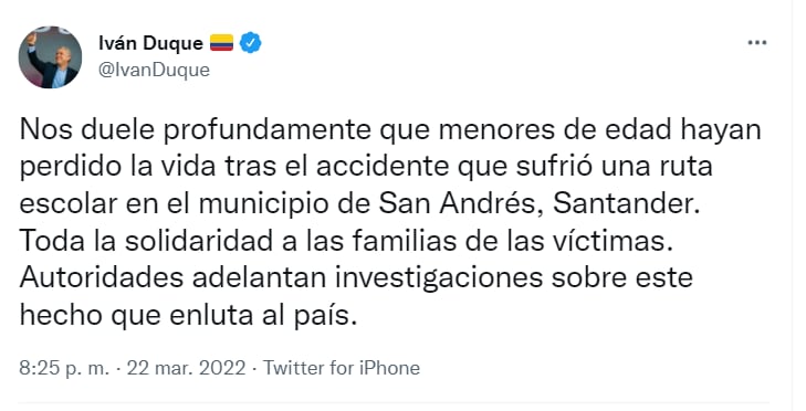 Iván Duque envoie un message à propos de l'accident de la route dans une école à Santander