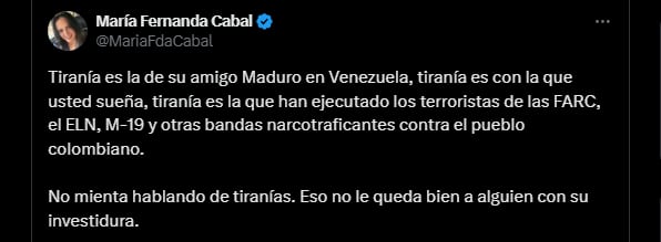 La senadora María Fernanda Cabal calificó como tirano a Nicolás Maduro - crédito @MariaFdaCabal/X