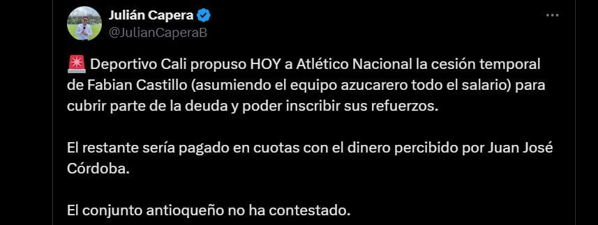 Deportivo Cali ofrecería a Fabián Castillo para Atlético Nacional como forma de pago de su deuda - crédito @JulianCaperaB/X