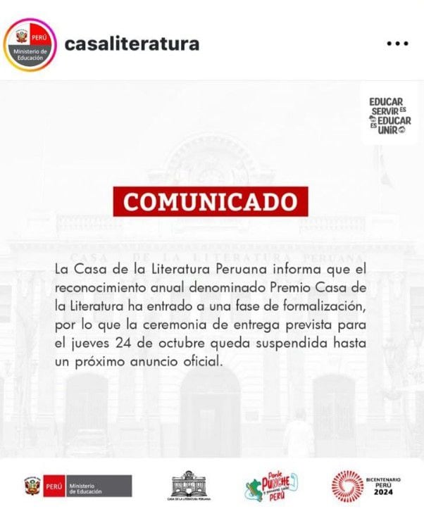 La Casa de la Literatura eliminó el comunicado que había publicado inicialmente - crédito Casa de la Literatura