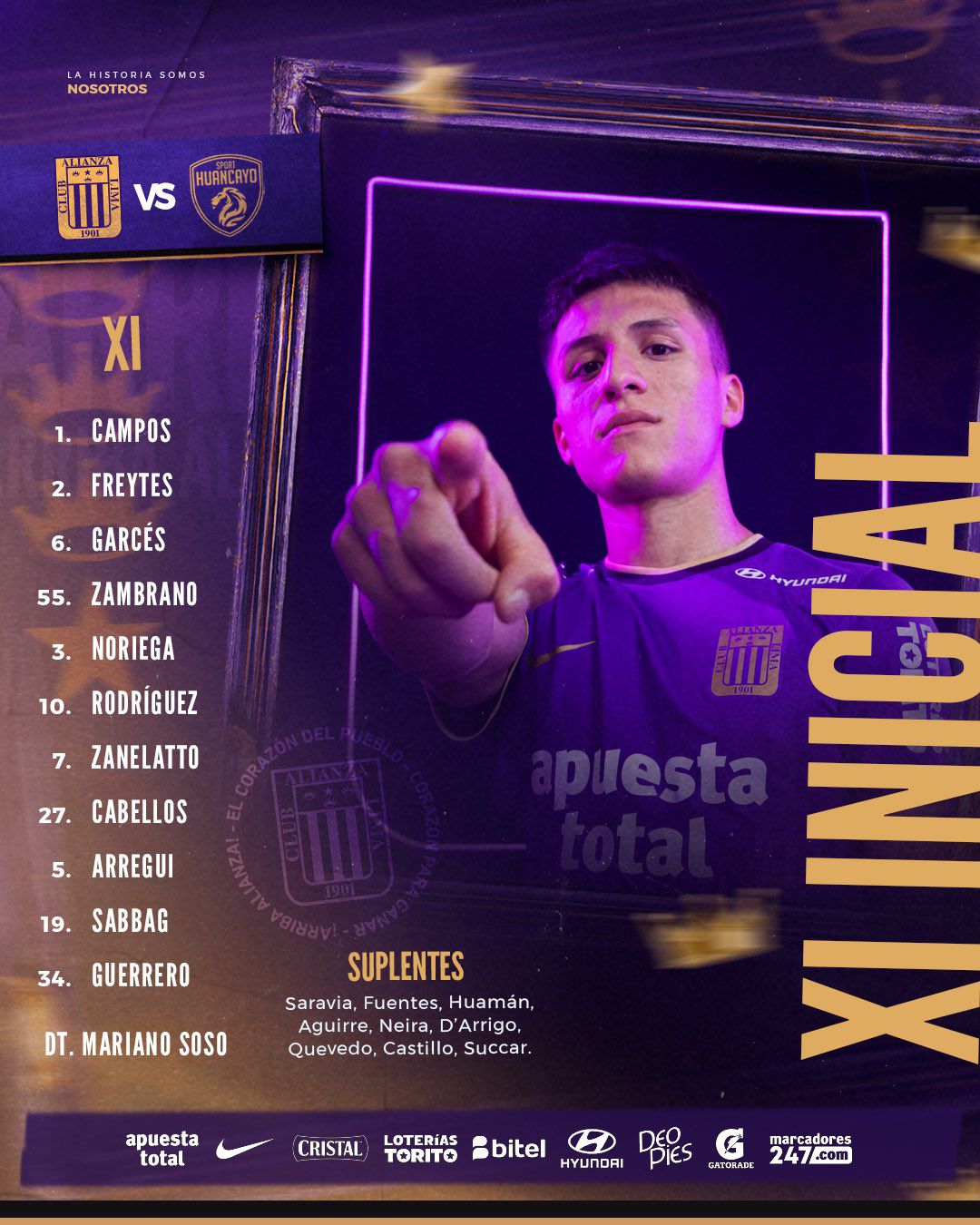 Once de Alianza Lima para duelo ante Sport Huancayo por Liga 1 2024.