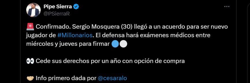 El defensor central Sergio Mosquera sería nuevo jugador de Millonarios tras salir de Atlético Nacional - crédito @PSierraR/X