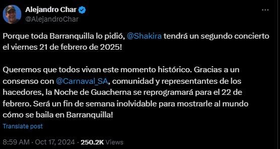 Anuncio de Char con la segunda fecha de Shakira en Barranquilla - crédito @AlejandroChar/X