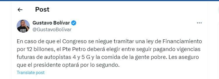 Gustavo Bolívar defendió la ley de financiamiento del Gobierno nacional - crédito @GustavoBolivar