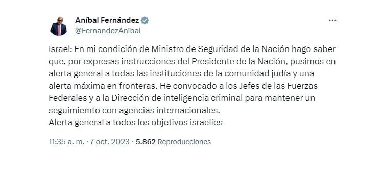 Tweet de Anibal Fernández sobre el ataque de Hamas