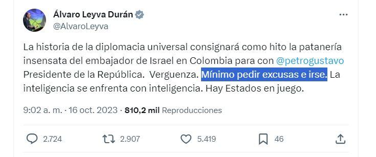 Esta fue la publicación en la que el canciller Álvaro Leyva habló de lo que sería la salida del país del embajador de Israel en Colombia, Gali Dagan - crédito @alvaroleyva/X