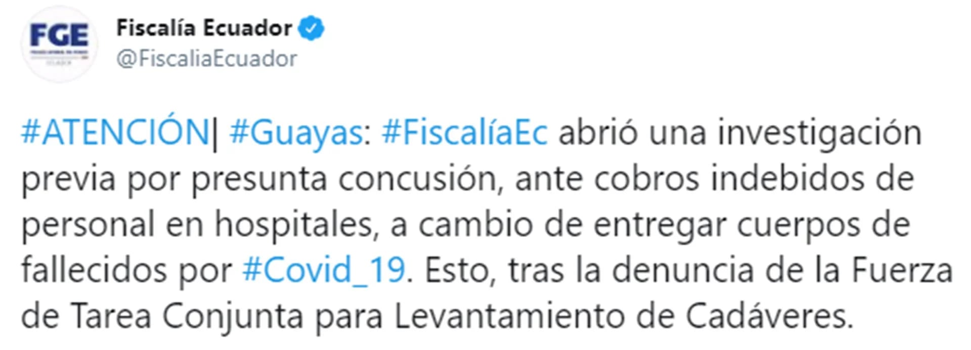 El tuit de la Fiscalía de Ecuador