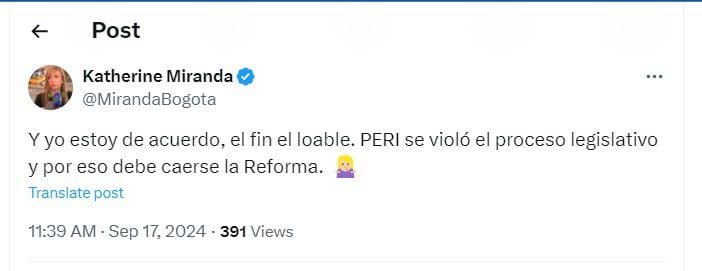 Katherine Miranda le responde a la senadora del partido Comunes Sandra Ramírez - crédito @MirandaBogota