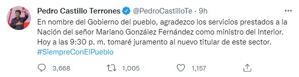 Pedro Castillo agradeció servicios prestados a Mariano González como ministro del Interior.