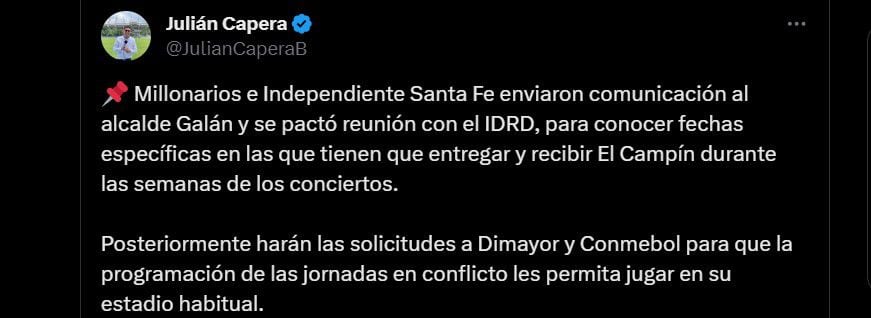 Millonarios y Santa Fe quieren usar El Campín sin que afecte la realización de conciertos en la misma semana - crédito @JulianCaperaB/X