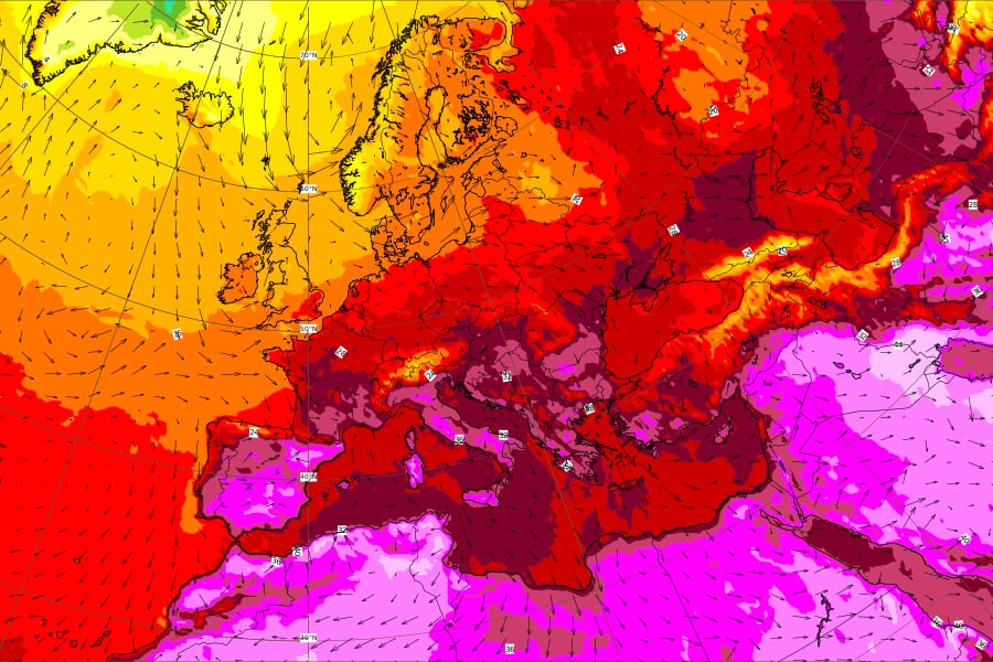 En Europa habrá otro período de calor extremo entre el 23 y 25 de julio, según el Centro Europeo de Previsiones Meteorológicas a Mediano Plazo  (gráfico: European Centre for Medium-Range Weather Forecasts)
