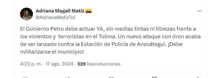 La gobernadora del Tolima arremetió contra el Gobierno nacional - crédito @AdrianaMatizTol/X