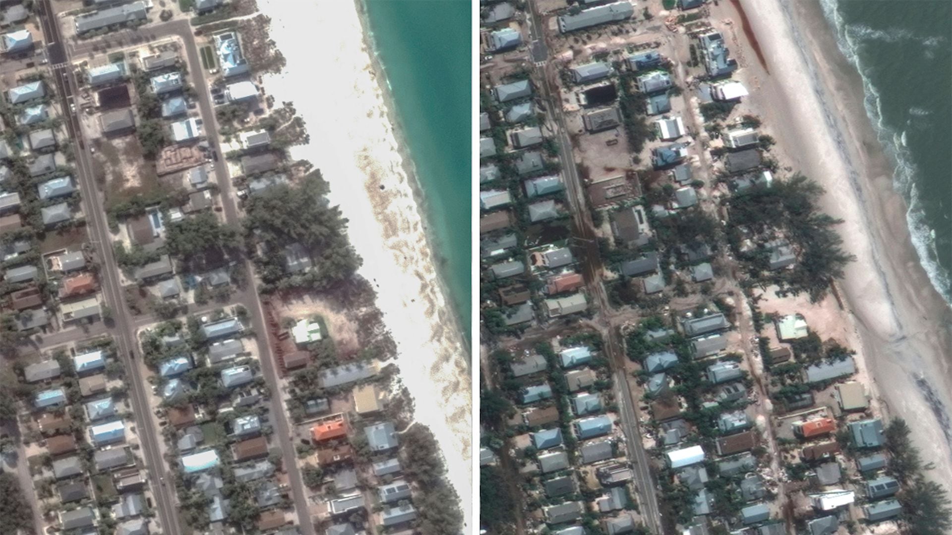 Imágenes satelitales revelan el cambio dramático en Siesta Key y la Isla Anna Maria tras la tormenta. (Reuters)