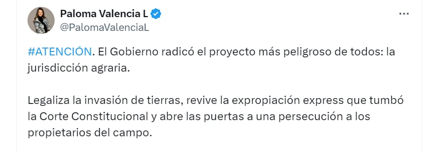 Paloma Valencia critica proyecto de jurisdicción agraria - @PalomaValenciaL/X